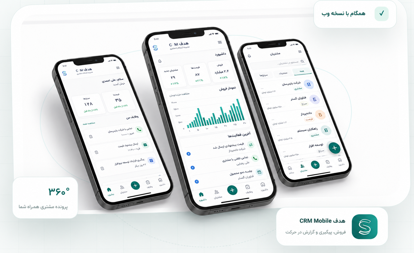 نمایش اپلیکیشن موبایل هدف CRM روی چند گوشی